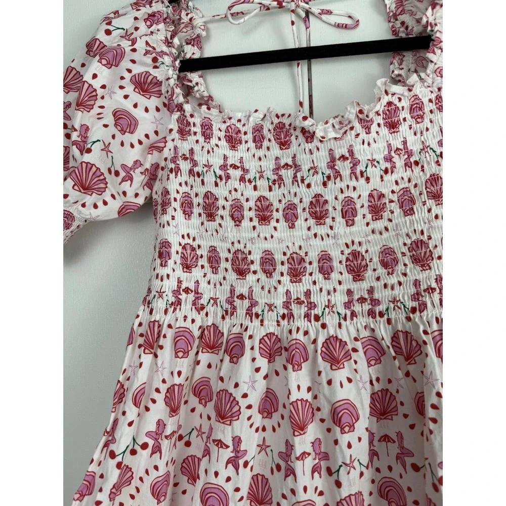 Hill House Home Mermaid Nap Dress Pink‎ Red Seashell Smocked Puff Sleeve Boho XS